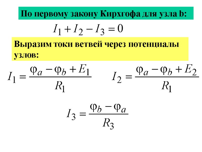 По первому закону Кирхгофа для узла b: Выразим токи ветвей через потенциалы узлов: